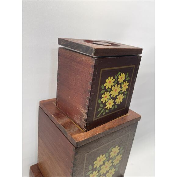 Vintage Imperial Floral Painted 3-Piece Hand Made Hardwood Kitchen Container Set - Picture 9 of 16